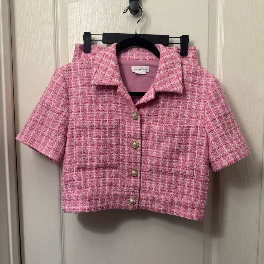 Lovers + Friends Pink Tweed Matching Set Crop Top Mini Skirt Size XS